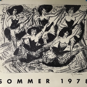 Könnte beinhalten: Schwarzweißdruck von fünf Frauen in einem stilisierten, abstrakten Stil. Die Frauen tragen Kleider und scheinen zu tanzen oder aufzutreten. Der Druck ist mit "Sommer 1978" betitelt.