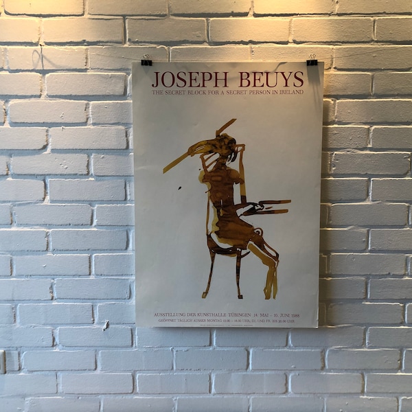 Original Poster, 1988, Josef Beuys, Ausstellung, Tübingen Secret Book, Künstler, Ausstellung, Tusche, Skizze, Irland, Stuhl, braun, Vintage,