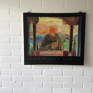Cartel original, Michael Chase, Sundown over Abruzzi, sol, montaña, arte, decoración, vintage, acuarela