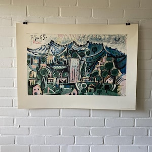 Póster original, Pablo Picasso, Paisaje, SPADEM, Gaitero, Impresión, Pueblo, Árbol, Nube, Boceto, Azul, Vintage, Museo, Exposición, Cubismo