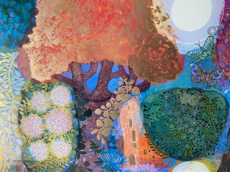 Original poster, Jorinde Binder, Euphoric Trees, high gloss, gold, Cosima Munich, 1980s, vintage, sun, garden, butterfly, moon, tree image 4
