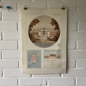 Originele poster, 1988, Girard, Pavillon de Bain, architectuur, ontwerp uit 1826, vintage, decoratie, schets, meer, landschap, huis, boom, plattegrond