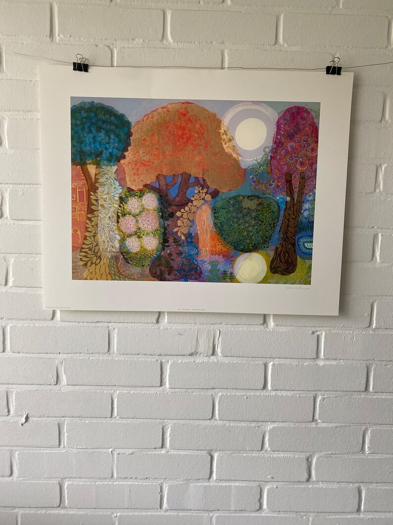 Original poster, Jorinde Binder, Euphoric Trees, high gloss, gold, Cosima Munich, 1980s, vintage, sun, garden, butterfly, moon, tree image 3