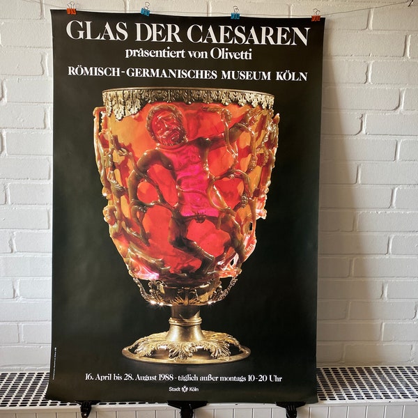 large original poster, Glass of the Caesars, 1988, Röm-germ Museum, Cologne, Olivetti, exhibition, culture, vintage, decoration, art, red, gold, cup