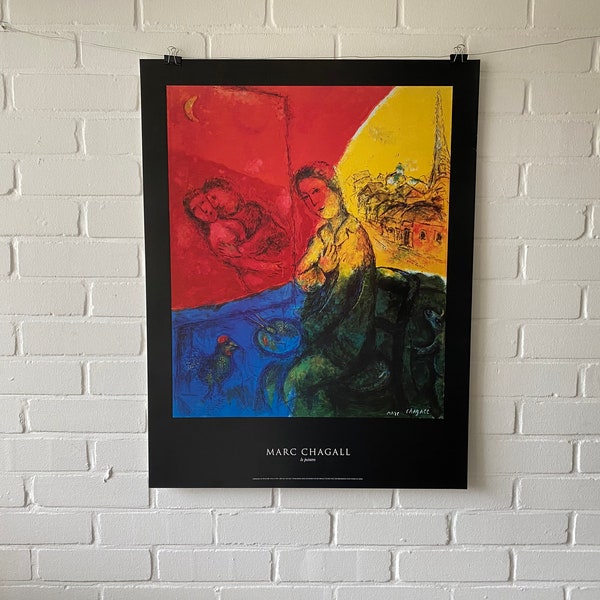 Original Poster, 1991, Marc Chagall,  Le Peintre von 1976, Vintage, Deko europäische Kunst, Vogel, Liebe, Stuhl, Künstler, Kunst, rot, gelb