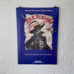 Cartel original, 1987, Fra Diavolo, Teatro Essen, Daniel Auber, ópera, música, vintage, decoración, cartel, retro, collage, Grillo, sombrero, corazón, azul