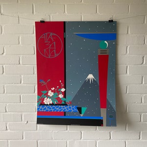 Cartel original, Ikebana, Lepas, Francia, años 80, Art Deco, flor, Japón, volcán, jarrón, rojo, gráfico, diseño, retro, vintage, decoración, azul