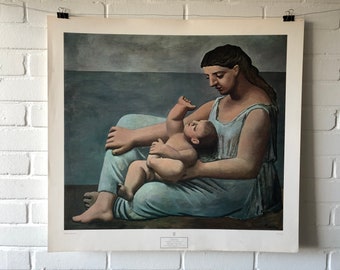 Original Poster, Pablo Picasso, Mother and Child, New York Graphic Society, Beach, Sea, Baby, Woman, Artist, Modern Art, Vintage, Blue