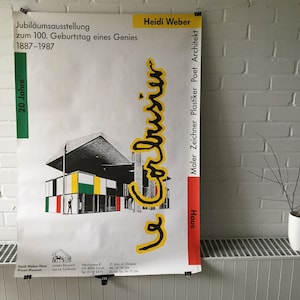 Cartel original, 1987, Le Corbusier, Casa Heidi Weber, Zurich, museo privado, arquitectura, arte, amarillo, década de 1980, vintage, museo, exposición