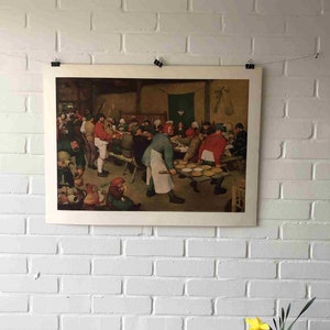 Cartel original, 1982, Pieter Bruegel el Viejo, agricultores, boda, Anton Schroll, Viena, Austria, pintura, novia, niño, perro, vintage