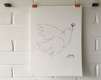 Small original poster, 1988, Picasso, dove, dove of peace, olive branch, art print, modern art, sketch, retro, print, vintage, gift
