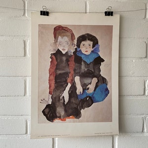 Pequeño cartel original, Egon Schiele, Dos niñas, boceto, figura, azul, acuarela, años 80, vintage, decoración, Salzburgo, galería, arte