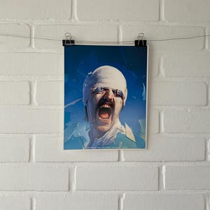 piccolo manifesto originale, autoritratto, Gottfried Helnwein, vintage, realismo, disegno, viso, benda, arte, foto, vetro