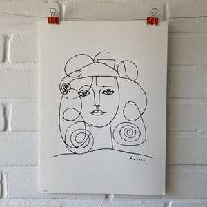 pequeño cartel original, Pablo Picasso, retrato, mujer, dibujo lineal, boceto, años 80, línea, peinado, cabello, cara, vintage, purismo