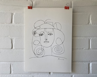 small original poster, Pablo Picasso, portrait, woman, line drawing, sketch, 1980s, line, hairstyle, hair, face, vintage, purism