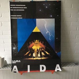 gran cartel original, 1987, Aida, Verdi, ópera, música, Ópera de Zurich, vintage, decoración, cartel, años 80, pirámide, oro, retro, azul, negro