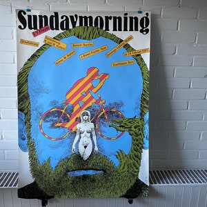 Gran cartel original, 1987, Sunday Morning, EY Meyer, Theatre Bern, drama, vintage, barba, dragón, bicicleta, boceto, gráficos, deporte