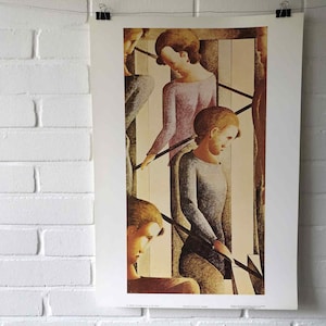 Cartel original, Oskar Schlemmer, escena de escalera, Bauhaus, Minerva, Copenhague, Weimar, Dessau, artista, escaleras Bauhaus, vintage, decoración, beige