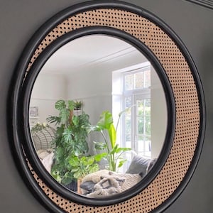 Rattan Round Double Frame Mirror Black Frame Handwoven Rattan Retro Style Home Decor