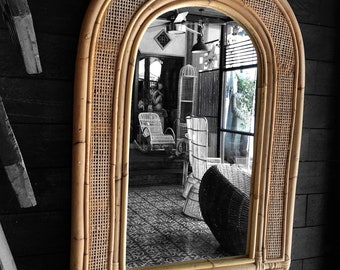 Rattan Large Mirror Handwoven Vintage Style Natural Design Arch Mirror