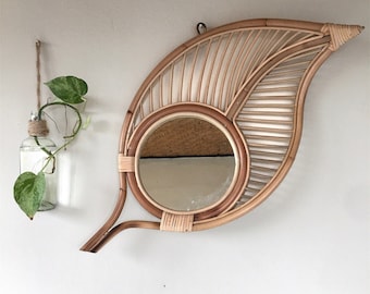 Rattan Wall Decor, Leaf Shape Mirror, Leaf Shape Rattan Mirror, Rattan Wall Mirror