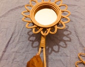 Vintage Handheld Sun Flowers Mirror Makeup Mirror Rattan Hand Mirror Wall and Tabletop Decor