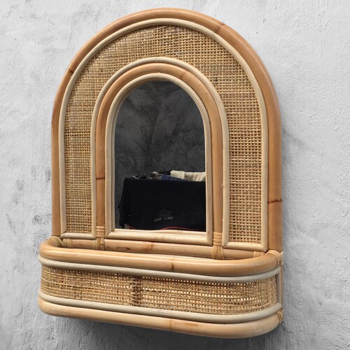 Rattan Mirror With Shelf Rattan Arch Mirror Square Knitting Etsy