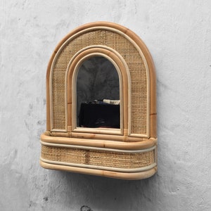 Rattan Mirror With Shelf, Rattan Arch Mirror , Square Knitting Rattan Mirror, Cane Webbing Mirror With Shelf,