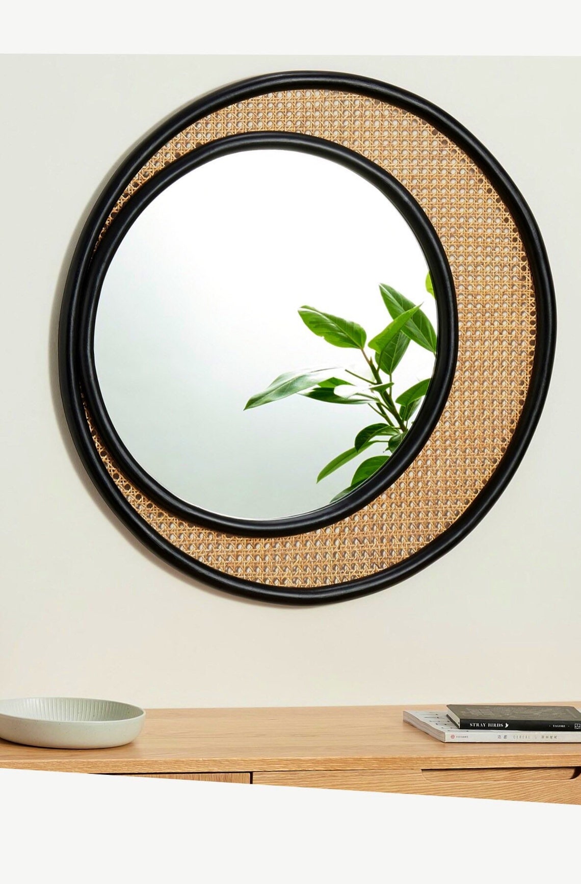 Rattan Round Double Frame Mirror Black Frame Handwoven Rattan Etsy
