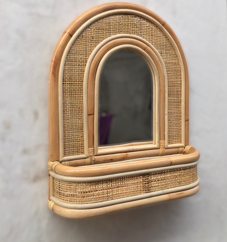 Rattan Mirror With Shelf Rattan Arch Mirror Square Knitting Etsy
