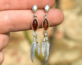 Long dangle earrings with natural Baltic Amber and 925 Silver, cognac amber, with bright feathers, MJ Baltica, BK025