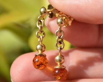 Delicate earrings with natural Baltic Amber and 18k Gold plated Silver, cognac amber, MJ Baltica, BZK056