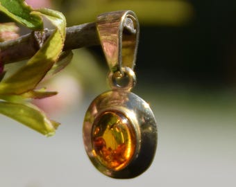 Delicate pendant with natural Baltic Amber and 18k Gold plated Silver, cognac amber, MJ Baltica,BZW061