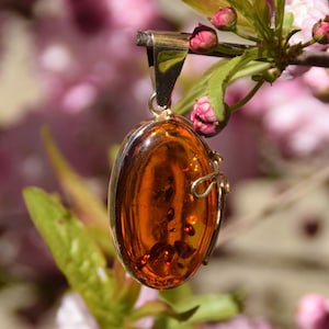 Classic Pendant with Natural Baltic Amber and 18k Gold Plated Silver, Cognac Amber, MJ Baltica, Oval and Large, BZW089