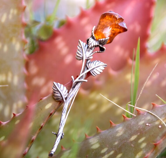 Broche antique en argent 925, broche fleur de rose avec ambre - France