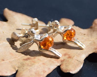 Earrings with fairies with natural Baltic Amber and 925 Silver, cognac amber, MJ Baltica, BK057