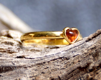 Heart Ring with Natural Baltic Amber and 18k Gold Plated Silver, Cognac Amber, MJ Baltica, BZP006