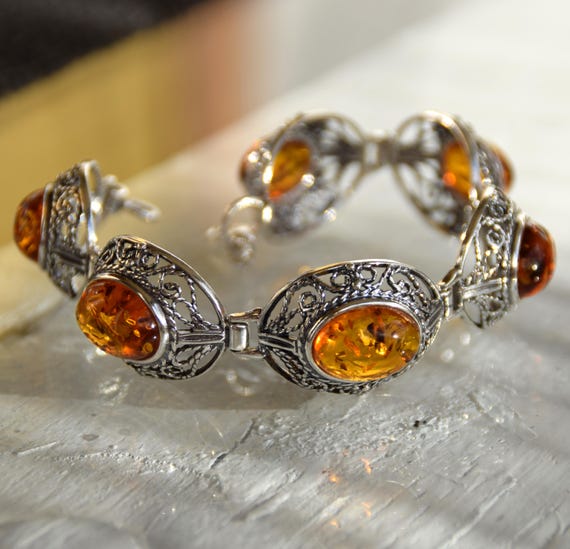 Bracelet Argent Avec Perles D'ambre - Bijou Vintage Occasion