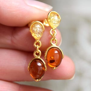 Elegant classic earrings created with natural cognac and golden amber and 925 silver plated in 18K gold, MJ Baltica, BZK170