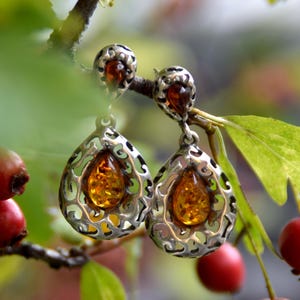Drop earrings with natural Baltic Amber and 925 Silver, cognac amber, MJ Baltica, BK165