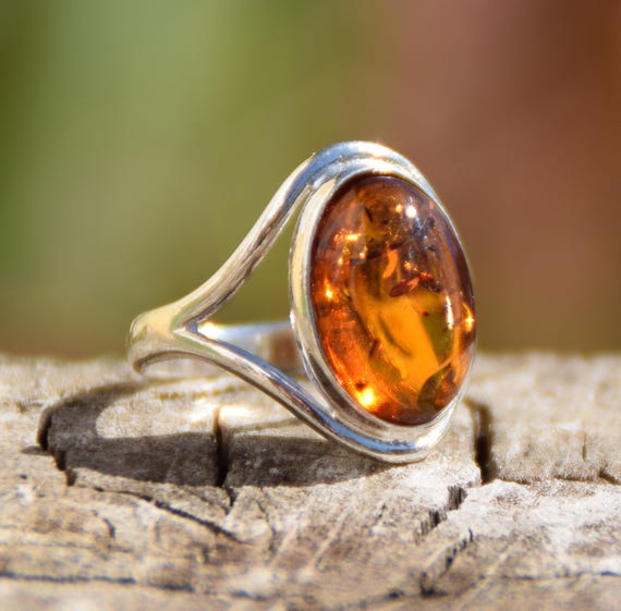 Bague Ambre De La Baltique Plaquée Argent 925 - Taille 7, Orange, Fait Main - Neuf