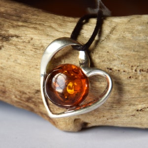 Pendant with natural Baltic Amber and 925 Silver, cognac amber, heart, MJ Baltica, BW156