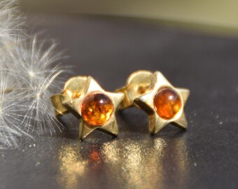 Star earrings with natural Baltic Amber and 18k Gold plated Silver, cognac amber, MJ Baltica, BZK074