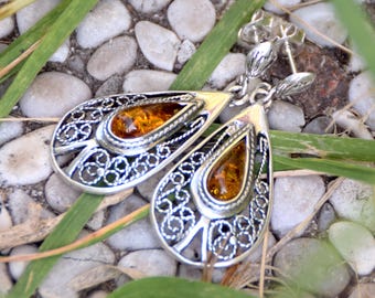 Drop earrings, pendants with natural Baltic Amber and 925 Silver, cognac amber, worked in filigree style, MJ Baltica, BK053