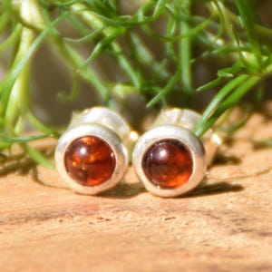 Peut inclure: Une paire de boucles d'oreilles à clous avec des cabochons d'ambre ronds et polis, sertis dans des chatons en métal argenté. Les boucles d'oreilles présentent un design circulaire lisse avec une couleur orange-brun translucide et un bord argenté.