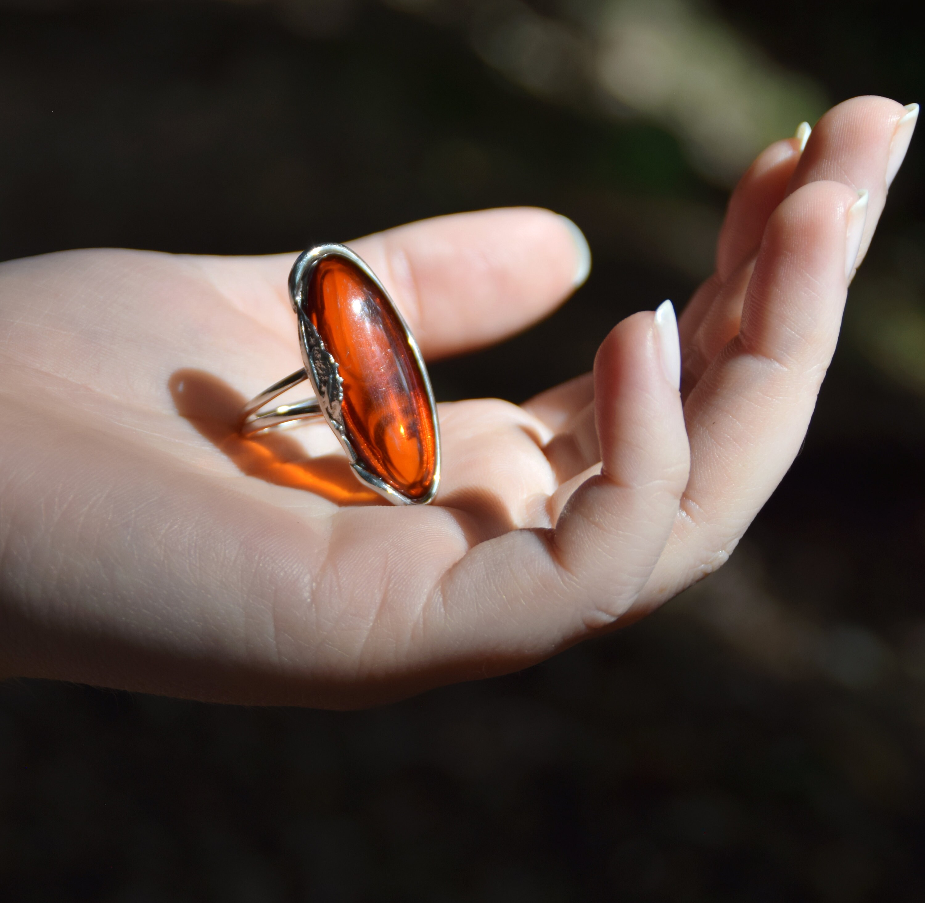 Anello In Ambra Baltica E Argento Puro Con Design Bambù – Regolabile – In Scatola Regalo In Legno Massello - 3