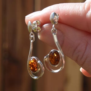 Drop earrings with natural Baltic Amber and 925 Silver, cognac amber, MJ Baltica, BK085