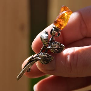 Romantic brooch made with 925 silver and natural Baltic amber, cognac amber, MJ Baltica, BBR030