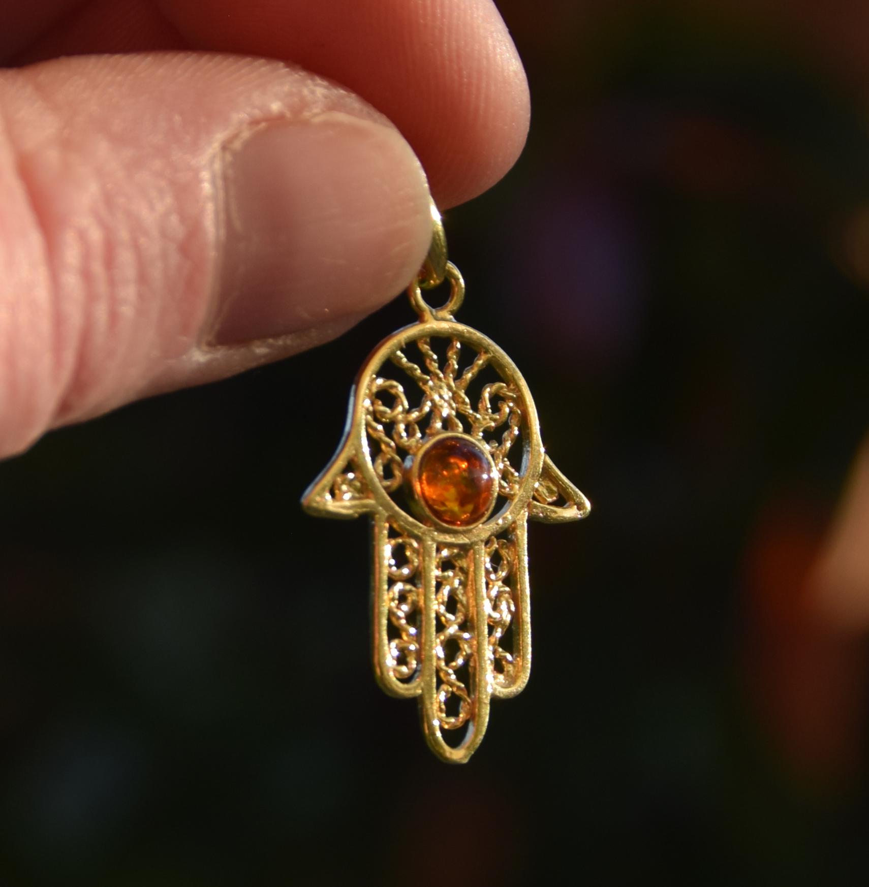 Pendant with natural Baltic Amber and 18k Gold Plated Silver, cognac amber, MJ Baltica, Fatima's hand, BZW030