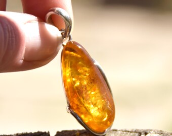 May include: A teardrop-shaped amber pendant with a silver bail. The amber is a warm, translucent orange color with visible inclusions. The pendant is held up against a blurred natural background.